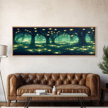 Cargar imagen en el visor de la galería, Fantasy Forest At Night With Fireflies, Extra Large Wall Art, Framed Panoramic Canvas Print, Framed Wall Art