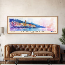 Carregar imagem no visualizador da galeria, Camogli Beach, Italy Watercolor Beach Print, Vacation Gift, Italy Wall Art, Framed Canvas Print, Framed Beach Painting