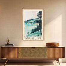 Load image into Gallery viewer, Auckland Island, New Zealand Watercolor Print, Vacation Gift, New Zealand Wall Art, Beach Painting, Beach Decor, Large Wall Art, Wood Frame Art