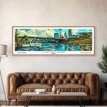 Cargar imagen en el visor de la galería, Cleveland Ohio Panoramic Wall Art Framed Canvas Print, Mid Century Modern Art, Pop Art Style, Travel Poster, Home Decor, Retro Style