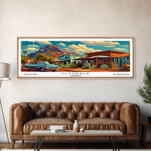 Load image into Gallery viewer, Glendale Arizona Panoramic Painting Framed Canvas Print, Mid Century Modern Art, Pop Art Style, Travel Poster, Wall Art Decor
