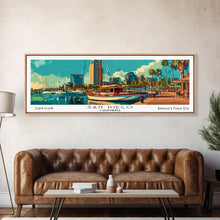 Load image into Gallery viewer, San Diego California Panoramic Painting, Retro Style Framed Canvas Print, Mid Century Modern Wall Art, Pop Art Travel Poster