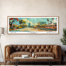 Load image into Gallery viewer, Anaheim California Panoramic Wall Art, Retro Pop Art Framed Canvas Print, Mid Century Modern Travel Poster, Living Room Decor, Wall Hanging