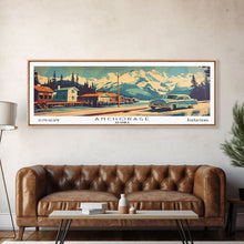 Load image into Gallery viewer, Anchorage Alaska Panoramic Painting, Mid Century Modern Framed Canvas Print, Retro Pop Art Travel Poster, Wall Art, Home Decor, Office Art