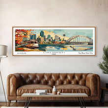 Load image into Gallery viewer, Cincinnati Ohio Panoramic Wall Art, Retro Pop Art Framed Canvas Print, Mid Century Modern Travel Poster, Living Room Decor, Wall Hanging, Office Art