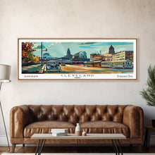 Load image into Gallery viewer, Cleveland Ohio Panoramic Wall Art, Mid Century Modern Framed Canvas Print, Retro Pop Art Travel Poster, Office Wall Art, Living Room Decor