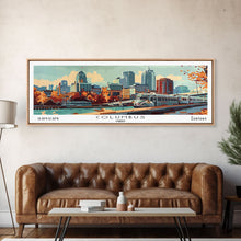 Load image into Gallery viewer, Columbus Ohio Panoramic Painting, Mid Century Modern Framed Canvas Print, Retro Pop Art Travel Poster, Wall Art, Home Decor, Office Art, Gift Idea
