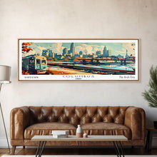 Load image into Gallery viewer, Columbus Ohio Panoramic Painting, Mid Century Modern Framed Canvas Print, Retro Pop Art Travel Poster, Wall Art, Home Decor, Office Art, Gift Idea