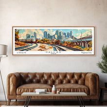 Load image into Gallery viewer, Dallas Texas Panoramic Wall Art, Retro Pop Art Framed Canvas Print, Mid Century Modern Travel Poster, Living Room Decor, Office Art