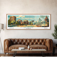 Load image into Gallery viewer, Detroit Michigan Panoramic Wall Art, Mid Century Modern Framed Canvas Print, Retro Pop Art Travel Poster, Office Art, Living Room Decor