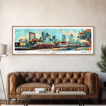 Carregar imagem no visualizador da galeria, Fort Worth Texas Panoramic Wall Art, Mid Century Modern Framed Canvas Print, Retro Pop Art Travel Poster, Office Art, Living Room Decor