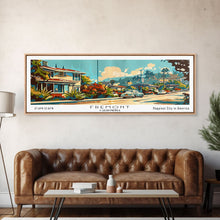 Load image into Gallery viewer, Fremont California Panoramic Painting, Mid Century Modern Framed Canvas Print, Retro Pop Art Travel Poster, Wall Decor, Gift Idea, Home Decor