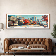 Load image into Gallery viewer, Madison Wisconsin Panoramic Painting, Mid Century Modern Framed Canvas Print, Retro Pop Art Travel Poster, Wall Art, Home Decor, Office Wall Art, Living Room Decor