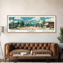 Carregar imagem no visualizador da galeria, Arvada Colorado Panoramic Painting, Mid Century Modern Framed Canvas Print, Retro Pop Art Travel Poster, Living Room Wall Art, City Print
