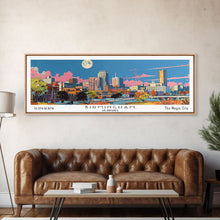 Load image into Gallery viewer, Birmingham Alabama Panoramic Painting, Mid Century Modern Framed Canvas Print, Retro Pop Art Travel Poster, Office Wall Art, City Print