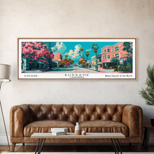 Carregar imagem no visualizador da galeria, Burbank California Panoramic Painting, Mid Century Modern Framed Canvas Print, Retro Pop Art Travel Poster, Living Room Wall Art, City Art