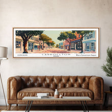 Cargar imagen en el visor de la galería, Carrollton Texas Panoramic Painting, Mid Century Modern Framed Canvas Print, Retro Pop Art Travel Poster, Office Wall Art, City Print