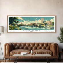 Cargar imagen en el visor de la galería, Cedar Rapids Iowa Panoramic Painting, Mid Century Modern Framed Canvas Print, Retro Pop Art Travel Poster, Living Room Wall Art Decor, City Print