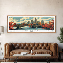 Cargar imagen en el visor de la galería, Columbus Ohio Panoramic Wall Art, Mid Century Modern Framed Canvas Print, Retro Pop Art Travel Poster, City Living Room Decor, Office Wall Art