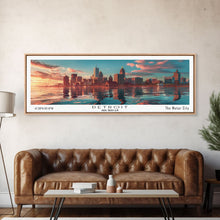 Load image into Gallery viewer, Detroit Michigan Panoramic Painting, Mid Century Modern Framed Canvas Print, Retro Pop Art Travel Poster, City Wall Decor, Home Art