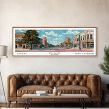 Load image into Gallery viewer, Elgin Illinois Panoramic Painting, Mid Century Modern Framed Canvas Print, Retro Pop Art Travel Poster, City Wall Art, Living Room Decor