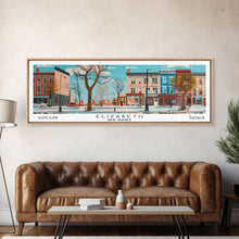 Load image into Gallery viewer, Elizabeth New Jersey Panoramic Wall Art, Mid Century Modern Framed Canvas Print, Retro Pop Art Travel Poster, City Home Decor, Office Art