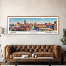 Cargar imagen en el visor de la galería, Fargo North Dakota Panoramic Painting, Mid Century Modern Framed Canvas Print, Retro Pop Art Travel Poster, City Wall Art
