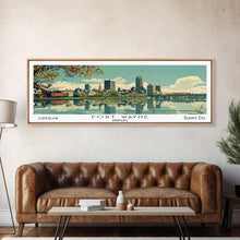 Carregar imagem no visualizador da galeria, Fort Wayne Indiana Panoramic Art, Mid Century Modern Framed Canvas Print, Retro Pop Art Travel Poster, Home Wall Decor