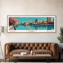 Load image into Gallery viewer, Chicago Illinois Panoramic Painting, Framed Canvas Print, Mid Century Modern Wall Art, Retro Pop Art Travel Poster, Office Decor, City Art