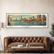 Load image into Gallery viewer, Detroit Michigan Panoramic Painting, Framed Canvas Print, Mid Century Modern Wall Art, Retro Pop Art Travel Poster, Office Decor, City Art