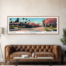 Cargar imagen en el visor de la galería, Garden Grove California Panoramic Painting, Framed Canvas Print, Mid Century Modern Wall Art, Retro Pop Art Travel Poster, Living Room Decor, City Art