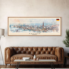 Carregar imagem no visualizador da galeria, Aachen Germany Panoramic Travel Poster, Framed Canvas Print or Metal Wall Art, Travel Art, Home Decor, Panoramic Painting, Midcentury Art