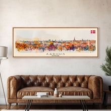 Carregar imagem no visualizador da galeria, Aarhus Denmark Panoramic Travel Poster, Framed Canvas Print or Metal Wall Art, Travel Art, Home Decor, Panoramic Painting, Midcentury Art