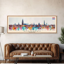 Load image into Gallery viewer, Amsterdam Netherlands Travel Art, City Art, Framed Canvas Print or Metal Wall Art, Europe Travel Poster, Panoramic Wall Art, Extra Wide Wall Art