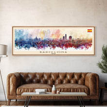 Load image into Gallery viewer, Barcelona Spain Travel Art, City Art, Framed Canvas Print or Metal Wall Art, Europe Travel Poster, Panoramic Wall Art, Extra Wide Wall Art