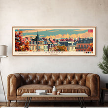 Carregar imagem no visualizador da galeria, Aarhus Denmark Panoramic Travel Poster, Framed Canvas Print or Metal Wall Art, Travel Art, Home Decor, Panoramic Painting, Midcentury Art