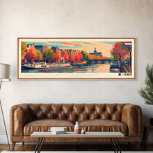 Load image into Gallery viewer, Amsterdam Netherlands Travel Art, City Art, Framed Canvas Print or Metal Wall Art, Europe Travel Poster, Panoramic Wall Art, Extra Wide Wall Art