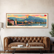 Load image into Gallery viewer, Antalya Turkey Panoramic Travel Poster, Framed Canvas Print or Metal Wall Art, Travel Art, Home Decor, Panoramic Painting, Midcentury Art