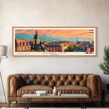 Load image into Gallery viewer, Debrecen Hungary Panoramic Travel Poster, Framed Canvas Print or Metal Wall Art, Travel Art, Home Decor, Panoramic Painting, Midcentury Art