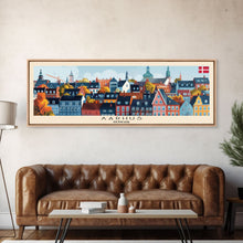 Carregar imagem no visualizador da galeria, Aarhus Denmark Panoramic Travel Poster, Framed Canvas Print or Metal Wall Art, Travel Art, Home Decor, Panoramic Painting, Midcentury Art