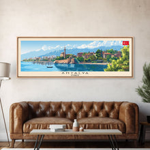 Load image into Gallery viewer, Antalya Turkey Panoramic Travel Poster, Framed Canvas Print or Metal Wall Art, Travel Art, Home Decor, Panoramic Painting, Midcentury Art