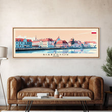 Load image into Gallery viewer, Bialystok Poland Panoramic Travel Poster, Framed Canvas Print or Metal Wall Art, Travel Art, Home Decor, Panoramic Painting, Midcentury Art
