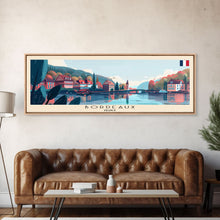 Load image into Gallery viewer, Bordeaux France Panoramic Travel Poster, Framed Canvas Print or Metal Wall Art, Travel Art, Home Decor, Panoramic Painting, Midcentury Art