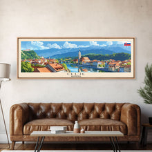 Cargar imagen en el visor de la galería, Celje Slovenia Panoramic Travel Poster, Framed Canvas Print or Metal Wall Art, Travel Art, Home Decor, Panoramic Painting, Midcentury Art