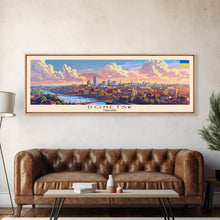 Load image into Gallery viewer, Donetsk Ukraine Panoramic Travel Poster, Framed Canvas Print or Metal Wall Art, Travel Art, Home Decor, Panoramic Painting, Midcentury Art