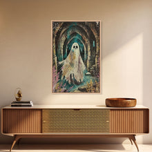 Carregar imagem no visualizador da galeria, Ghostly Figure in Ancient Ruins Framed Canvas Print, Haunted Ruins Decor, Halloween Ghost Art, Eerie Ghostly Wall Art, Spooky Ghost Print