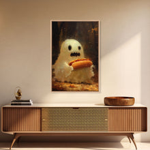 Cargar imagen en el visor de la galería, CHOMP! Cute Lil Ghost Eatin' a Dog, The Hot Dog Ghost, Haunted Hot Dog Thief, Framed Canvas Print, Halloween Art