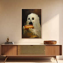 Load image into Gallery viewer, Ghostly Hot Dog Thief, Cute Lil Ghost Eatin' a Dog, The Hot Dog Ghost, Haunted Hot Dog Thief, Framed Canvas Print, Halloween Art