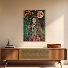 Load image into Gallery viewer, Ghostly Witch With Red Apple, Framed Canvas Print, Wall Art, Spooky Decor, Halloween Decoration, Living Room Art, Unique Gift