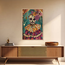 Load image into Gallery viewer, Day of the Dead Doll with Floral Crown Framed Canvas Print, Halloween Art, Creepy Wall Art, Spooky Home Decor, Scary Art, Unique Wall Decor